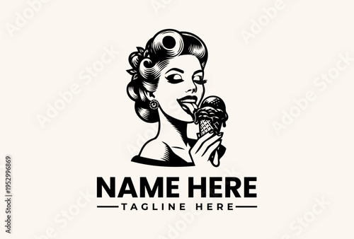 A vintage-style illustration of a woman with curlers in her hair holding an ice cream cone, with a logo and text placeholder on a clean background.