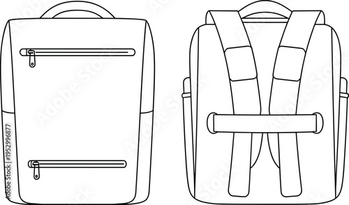 Modern backpack technical sketch showing front and back views, line art vector for product design
