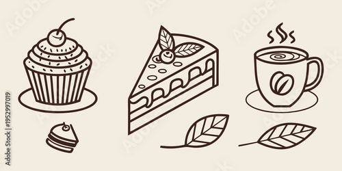 Brown line of desserts and coffee line desserts cupcake