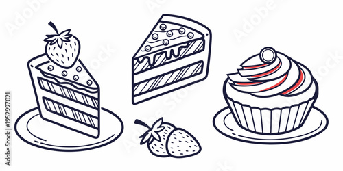Black and white line of cake and cupcake with strawberries strawberry dessert line black and white