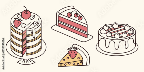 Colorful line of cakes and desserts line cakes cake stand slice of cake