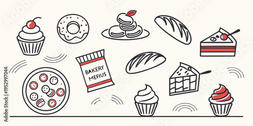 Assorted baked goods and desserts with motion lines cupcake donut