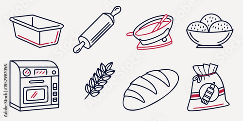 Baking ingredients and equipment line loaf pan rolling pin