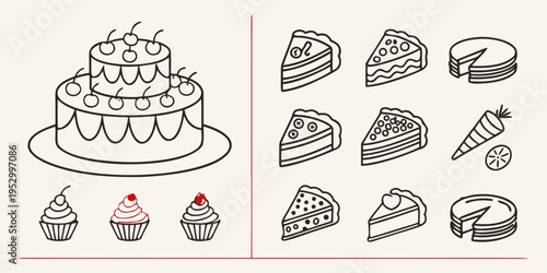 Black and white line of various desserts cake cupcake line black and white