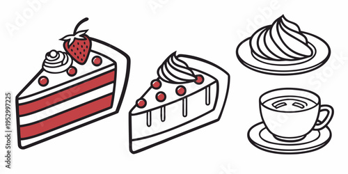 Desserts and coffee cake strawberry whipped cream cherries