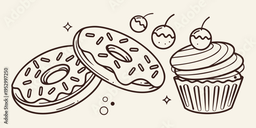 Donuts and cupcake with cherries and sparkles dessert