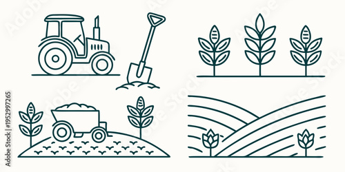 Green line of farming and agriculture tractor shovel plants