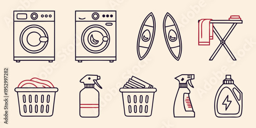 Laundry and cleaning in black and red laundry cleaning washing machine dryer ironing board