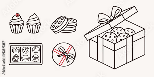 Line of baked goods and gifts cupcakes cookies gift box bakery