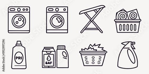 Line of laundry and cleaning washing machines dryer ironing board laundry basket