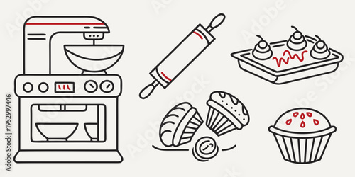 Baking equipment and sweet treats mixer rolling pin muffins cupcakes