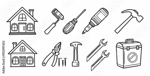 Line of home and construction tools line house building