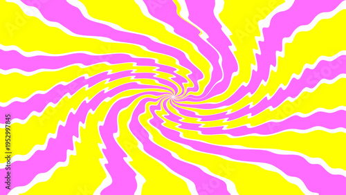 Abstract optical illusion background with pink yellow jagged spiral lines, dynamic vortex motion, and vibrant geometric decorative layout