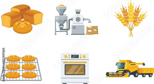 Bread production set with wheat harvest, grain processing machinery, and bakery oven vector illustrations