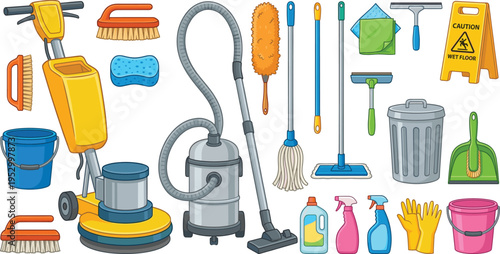 Professional cleaning service equipment set, janitorial supplies and industrial floor washer vector illustration, isolated.