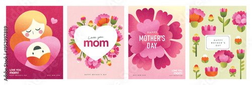Set of Mother's Day greeting cards with mother and child, floral wreath, blooming flowers and elegant typography in soft pastel flat geometric illustration style.