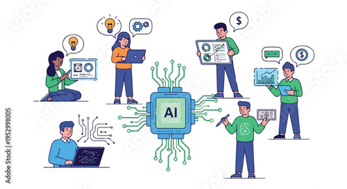 Flat 2D illustration of people working with AI concept on devices in a modern workspace with a clean white background.