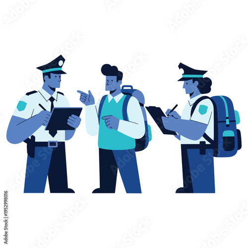 Two police officers in uniform talking to a young male student with backpack writing notes