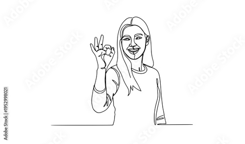 One continuous line drawing smiling woman OK gesture minimalist vector illustration