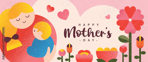 Happy Mother's Day greeting banner with loving mother and child, hearts, flowers and soft pastel decorative elements in flat geometric illustration style on pink background.
