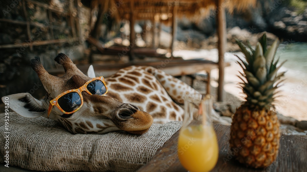 Fototapeta premium Giraffe wearing sunglasses relaxes on a beachside lounge with a pineapple and tropical drink on a wooden table in a serene outdoor setting