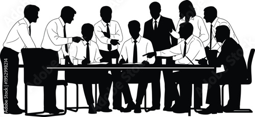 Business People Silhouettes Meeting in office and discuss the things some are sit some stand  Illustration