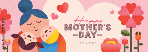 Happy Mother's Day greeting banner with loving mother and child, hearts, flowers and soft pastel decorative elements in flat geometric illustration style on abstract background.