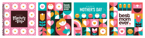 Set of Mother's Day greeting cards and posters with flowers, hearts, mother and child, typography and colorful retro geometric patterns in flat illustration style.