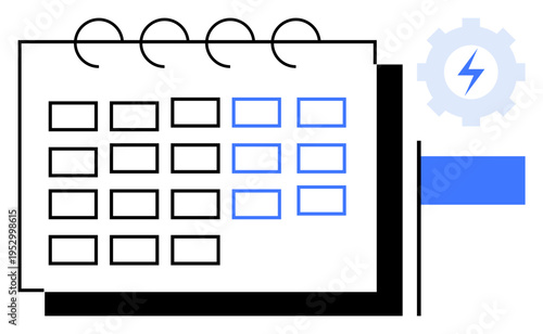 Time management, productivity, scheduling, automation, workflow, planning. A calendar with spiral binding and gear icon. Time management and productivity concept