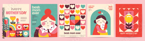 Set of Happy Mother's Day greeting cards with flowers, hearts, mother portrait, child and decorative retro typography in colorful flat geometric illustration style.