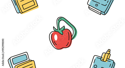 A charming, hand-drawn vector pattern featuring a stylized red tomato alongside other colorful, simple, outlined doodle objects.