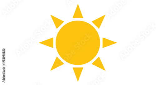Bright yellow stylized sun icon with eight sharp triangular rays on a clean white background vector graphic