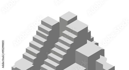 Abstract isometric gray 3D geometric structure features a complex design of connected steps, blocks, and ascending pathways, creating an intriguing visual.