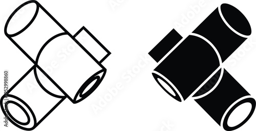 Wallpaper Mural Spotlight illustration, cross-shaped X setup, two spotlights, left line art, right solid black, cylindrical shapes, geometric diagonal connections, minimalist technical design, white background Torontodigital.ca