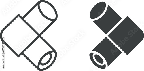 Spotlight illustration, technical line art and solid black version, two cylindrical spotlights forming X-shape, diagonal connections, minimalist clean geometric design, white background