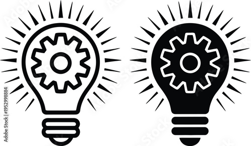 Light bulb icons, black and white digital illustration, simplified three-tier base, central gears, radiating rays, geometric minimalist style, sharp clear lines