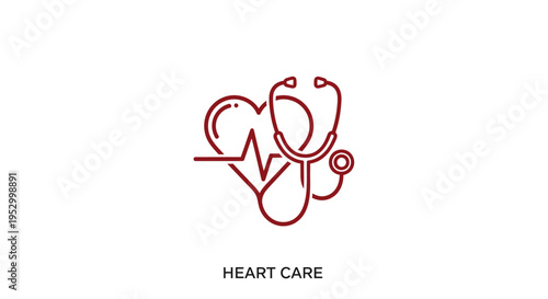 Heart Care vector line icon with stethoscope and heartbeat pulse. Minimalist symbol for cardiology and medical health.