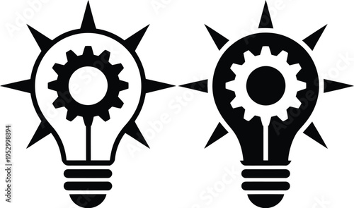 Light bulb icons, two symbols, one black outline, one solid black, central gear shapes, starburst rays, minimalist clean line design, white background