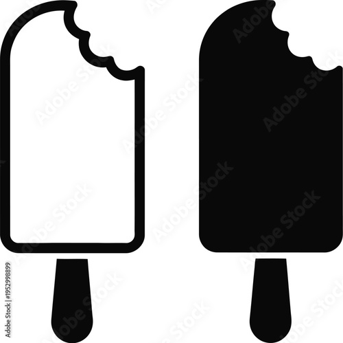 Ice cream popsicle illustration, black and white digital vector, rectangular popsicles with bite marks, sticks, minimalist clean lines, high-contrast modern style