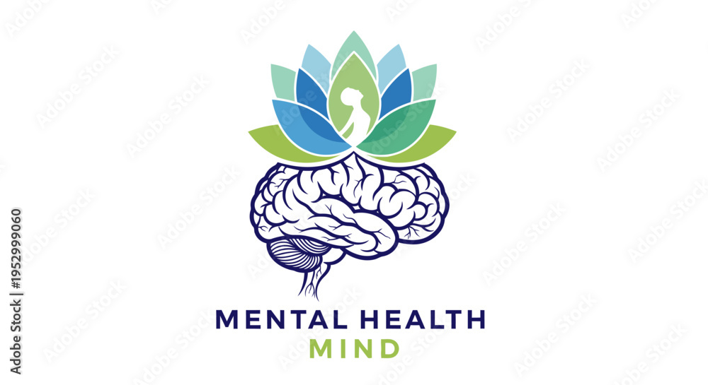Obraz premium Vector illustration of a human brain with a blossoming lotus flower and meditating figure, symbolizing mental health and wellness