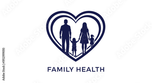 Family health and wellness concept icon with parents and children inside a heart silhouette, symbolizing love, care, and well-being.