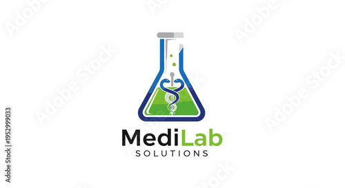 Medical laboratory science logo with a flask, caduceus, and DNA helix symbol for healthcare research and analysis