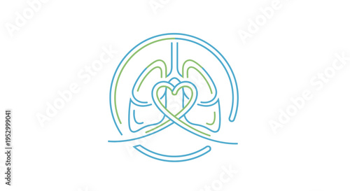 Minimalist line art illustration of human lungs and heart, symbolizing respiratory and circulatory health, well-being, and medical care.