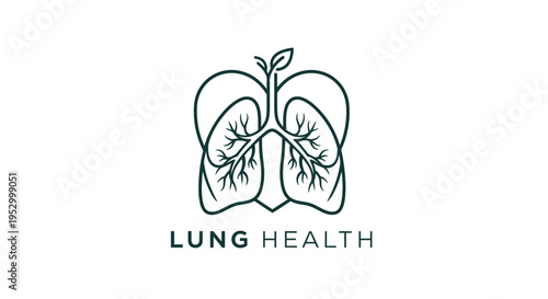 Minimalist line art illustration of human lungs with a green plant growing, symbolizing respiratory health, nature, and well-being. Vector graphic icon.
