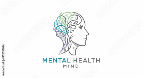 Vector Line Art Illustration: Human Head Profile with Leaves for Mental Health, Wellbeing, Growth, and Mind Balance