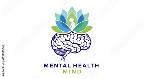 Vector illustration of a human brain with a blossoming lotus flower and meditating figure, symbolizing mental health and wellness