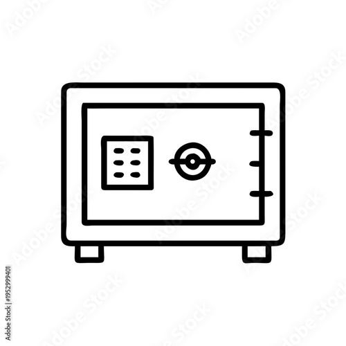 Minimalist bank safe icon, black line art security vault, metal deposit box vector illustration for financial protection
