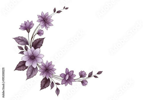Beautiful purple flowers and leaves arrangement isolated on transparent background for decoration and design