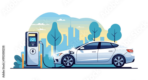 Electric car charging at station.
