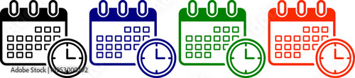 Calendar and clock icons in four different colors black blue green and red for scheduling and time management